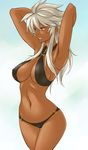  adjusting_hair armpits arms_up bikini black_bikini breasts covered_nipples dark_skin gus_(clarkii) large_breasts lips long_hair navel o-ring o-ring_bikini original sideboob silver_hair solo swimsuit yellow_eyes 