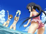  3girls ass ball bikini black_hair blonde_hair brown_hair cloud hirasawa_yui k-on! kotobuki_hajime long_hair multiple_girls nakano_azusa navel short_hair sky smile sweat swimsuit tainaka_ritsu twintails water 