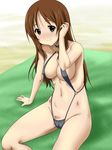  beach blush breasts brown_eyes brown_hair highres k-on! kotobuki_hajime large_breasts long_hair looking_at_viewer navel sand sitting sling_bikini smile solo swimsuit towel yamanaka_sawako 