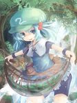  absurdres bike_shorts blue_eyes blue_hair cucumber hair_bobbles hair_ornament hat highres jewelry kawashiro_nitori key nature necklace net short_hair solo ti_owo touhou tree two_side_up water waterfall 