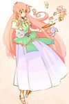 :d cake cup dress fairy_(jintai) food green_eyes hat highres jinrui_wa_suitai_shimashita long_hair open_mouth pink_hair smile tcmk tea teacup watashi_(jintai) 