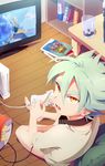  bag chips controller food fubuki_atsuya fubuki_shirou game_console game_controller gamepad glass green_hair headphones ice ice_cube inazuma_eleven inazuma_eleven_(game) inazuma_eleven_(series) inazuma_eleven_strikers looking_at_viewer male_focus open_mouth popsicle_stick potato_chips television wato_samirika wii yellow_eyes 