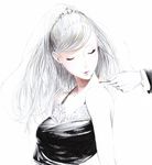  bare_shoulders cigarette closed_eyes copyright_request dress eyelashes formal hands lips long_hair matches simple_background smile smoking sousou_(sousouworks) tiara watch white_background white_hair wristwatch 