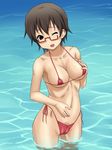  bikini black_hair blush breast_grab brown_eyes glasses grabbing highres k-on! kotobuki_hajime manabe_nodoka micro_bikini navel open_mouth short_hair solo standing swimsuit water wink 