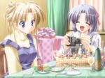  2girls alcohol blonde_hair blue_eyes blush bow cake camcorder candle canvas chair champagne cocktail_soft curtains dish f&amp;c flower food fork game_cg gayarou gift hair_bow indoors lavender_hair multiple_girls napkin open_mouth present ribbon saginomiya_ai sakurazuka_ren salad smile table tablecloth turtleneck wine_glass wineglass 