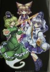  absurdres brown_hair capura_lin dress green_dress green_hair grey_hair hat highres japanese_clothes kariginu long_hair mononobe_no_futo multiple_girls ponytail scan short_hair soga_no_tojiko touhou toyosatomimi_no_miko 