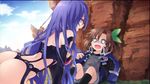  2girls all_fours ass brown_hair child choujigen_game_neptune compile_heart idea_factory if_(choujigen_game_neptune) iris_heart long_hair multiple_girls neptune_(series) plugsuit purple_hair pururut red_eyes scared tears thong 