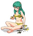  animal_print art_brush bad_feet bodypaint breasts error green_eyes green_hair horns kiriririn long_hair lum naked_paint navel nipples non-web_source nude paint_can paintbrush painted_clothes painting sidelocks sitting small_breasts solo tiger_print urusei_yatsura 