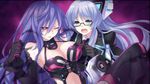  2girls anger angry bdsm blue_eyes bondage bound breasts choujigen_game_neptune cleavage compile_heart glasses idea_factory iris_heart kiseijou_rei long_hair multiple_girls neptune_(series) one_eye_closed open_mouth pain plugsuit purple_hair pururut red_eyes silver_hair symbol-shaped_pupils wince 