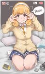  bed blonde_hair brown_eyes camera cardigan condom_wrapper cum cum_on_clothes cum_on_hair double_v english facial hairband ina_(gokihoihoi) kise_yayoi kneehighs nanairogaoka_middle_school_uniform necktie no_shoes on_bed pillow pleated_skirt precure school_uniform short_hair sitting skirt smile smile_precure! solo tissue v viewfinder wariza white_hairband white_legwear 