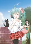  aqua_hair bad_id bad_pixiv_id cat closed_eyes hatsune_miku long_hair mode_(mode-n) ponytail skirt solo thighhighs vocaloid 