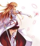  1girl asuna_(sao) black_skirt braid breastplate brown_eyes brown_hair crown_braid detached_sleeves floating_hair flower from_side holding holding_sword holding_weapon long_hair long_sleeves miniskirt outstretched_arm pink_flower pleated_skirt skirt solo standing sword sword_art_online thighhighs very_long_hair vin weapon white_background white_legwear white_sleeves 
