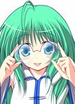  ahoge bespectacled blue_eyes detached_sleeves glasses green_hair kochiya_sanae nirap red-framed_eyewear smile solo tongue tongue_out touhou upper_body 