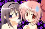  akemi_homura black_hair blush empty_eyes hair_ribbon hairband heavy_breathing kaname_madoka long_hair mahou_shoujo_madoka_magica multiple_girls nirap nude open_mouth pink_eyes pink_hair ribbon short_hair sweatdrop twintails upper_body yuri 