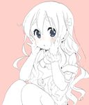  :o bad_id bad_pixiv_id blue_eyes blush bow buttons casual eyebrows hair_bow hands_on_own_cheeks hands_on_own_face k-on! kotobuki_tsumugi long_hair looking_at_viewer monochrome pink pink_background simple_background sitting solo spot_color sunameri_oishii thick_eyebrows wavy_hair 