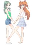  2girls :d barefoot blue_eyes blue_shorts breasts brown_hair cleavage eyebrows_visible_through_hair from_side full_body green_eyes green_hair grey_skirt hair_bobbles hair_ornament hair_ribbon hand_holding high_ponytail houjou_hibiki layered_skirt long_hair looking_at_viewer midriff minamino_kanade miniskirt multiple_girls open_mouth pink_ribbon polorinken precure red_ribbon ribbon shirt short_shorts shorts simple_background skirt sleeveless sleeveless_shirt small_breasts smile standing suite_precure twintails very_long_hair white_background white_shirt 