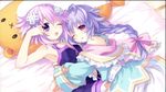  2girls armpits bed choujigen_game_neptune compile_heart cuddling hug idea_factory multiple_girls neptune neptune_(choujigen_game_neptune) neptune_(series) pillow purple_eyes pururut red_eyes sleep sleeping tank_top tanktop wink 