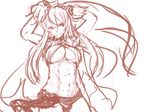  abs arms_up breasts cape criss-cross_halter halter_top halterneck highres large_breasts long_hair monochrome panties panties_(pantsu-pirate) queen's_blade risty sketch solo underboob underwear wrist_cuffs 