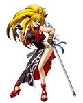  ahoge animal_ears beads blonde_hair china_dress chinese_clothes contrapposto dress fingerless_gloves fox_ears fox_shadow_puppet gloves hand_on_hip high_heels jpeg_artifacts long_hair multicolored_hair namco_x_capcom official_art over_shoulder project_x_zone shakujou shoes side_slit solo staff standing super_robot_wars super_robot_wars_og_saga_mugen_no_frontier super_robot_wars_og_saga_mugen_no_frontier_exceed two-tone_hair vest weapon weapon_over_shoulder xiaomu 