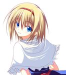  alice_margatroid blonde_hair blush capelet from_behind hairband nirap short_hair smile solo touhou upper_body 