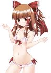  bikini blush brown_eyes brown_hair cameltoe groin hair_tubes hakurei_reimu kemomo long_hair lowleg lowleg_bikini navel raised_eyebrow simple_background solo swimsuit touhou white_background white_bikini 