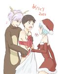  1girl 2boys animal_costume ayanami_rei bdsm bondage bound bound_wrists brown_hair christmas clothed_female_nude_male clothed_on_nude elbow_gloves femdom forced gloves hat ikari_shinji imminent_rape multiple_boys neon_genesis_evangelion nude rape red_eyes reindeer_costume ribbon ribbons santa_claus submissive tears white_hair 