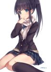  1girl bangs between_legs black_hair black_jacket black_legwear blue_eyes blue_neckwear blue_skirt blush chariot.f eyebrows_visible_through_hair hand_between_legs jacket kneehighs long_hair long_sleeves miniskirt pleated_skirt ponytail scarf school_uniform shiny shiny_hair simple_background sitting skirt smile solo sugiura_koharu white_album_2 white_background white_scarf 