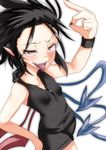  asymmetrical_wings black_hair contemporary forehead houjuu_nue nail_polish pointy_ears red_eyes short_hair short_shorts shorts solo takorice tongue tongue_out touhou wings wristband 