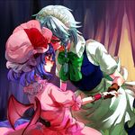  bat_wings blue_hair bow braid brown_gloves gloves hat izayoi_sakuya mafuyu_hemp maid_headdress multiple_girls profile red_eyes remilia_scarlet ribbon short_hair silver_hair touhou twin_braids wings wrist_cuffs yuri 