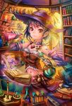  bad_id bad_pixiv_id black_hair book bookshelf braid candle collar desk elbow_gloves fire flame gem gloves groin hat highres holding hourglass looking_at_viewer midriff navel open_book original pierorabu quill red_eyes short_hair single_braid smile solo stairs vial weighing_scale 