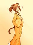  animal_ears anonymous_drawfag bouhatei_tetora brown_eyes brown_hair cat_ears cat_tail heart highres japanese_clothes joshiraku kemonomimi_mode kimono long_hair ponytail simple_background slippers solo spoken_heart tail 