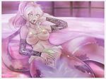 1girl bed bikini bikini_lift breasts bridal_gauntlets censored chrono_(series) chrono_trigger condom female forked_tongue invitation lamia large_breasts long_tongue looking_at_viewer lying micro_bikini monster monster_girl mythology nipples on_back pink_hair pointy_ears ponytail presenting pussy solo spread_pussy spreading swimsuit tongue tongue_out un_do used_condom yellow_eyes 