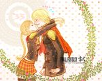  1girl ace_(fft-0) blonde_hair blush braid cape cinque_(fft-0) couple final_fantasy final_fantasy_type-0 hetero j_(onose1213) orange_hair plaid plaid_skirt scarf skirt thighhighs 