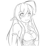  ahoge bare_shoulders blush breasts cleavage dark_elf drawfag elbow_gloves elf gloves greyscale highres lineart long_hair medium_breasts monochrome pointy_ears sansei_muramasa solo soukou_akki_muramasa 