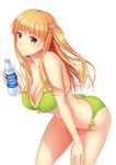  bikini bottle brand_name_imitation breasts cleavage frilled_bikini frills green_bikini hair_ornament hand_on_thigh holding kichiroku large_breasts leaning_forward long_hair looking_at_viewer orange_eyes orange_hair original pocari_sweat shiny shiny_skin simple_background solo strap_gap swimsuit water_bottle white_background 