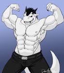  anthro armpits beefy belt biceps big big_muscles black_hair black_horns blue_eyes bulge claws clothed clothing drake drake_(species) ear_piercing ear_ring fangs flexing fur grin hair half-dressed handsome horn invalid_tag looking_at_viewer male muscles nipples pants pecs piercing pose smile solo standing teeth toned topless white_fur wolfthings xxzerkkandragonxx zerk 