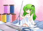  :&lt; bad_id bad_pixiv_id blush fabric green_eyes green_hair hammer_(sunset_beach) holding_needle kochiya_sanae long_hair minigirl needle oversized_object scissors seiza sitting solo spool touhou 