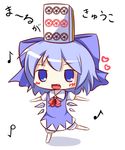  :d bangs barefoot blue_bow blue_dress blue_eyes blue_hair blush bow chibi cirno collared_shirt commentary_request dress eighth_note eyebrows_visible_through_hair fang full_body hair_bow heart highres looking_at_viewer mahjong mahjong_tile makuran musical_note on_head open_mouth outstretched_arms puffy_short_sleeves puffy_sleeves red_bow shirt short_sleeves sleeveless sleeveless_dress smile solo spread_arms standing standing_on_one_leg touhou translation_request white_background white_shirt 