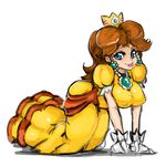  :p all_fours blue_eyes breast_squeeze breasts brown_hair covered_nipples crown dress earrings gem gloves gown jewelry large_breasts long_hair mario_(series) princess_daisy slugbox solo super_mario_bros. tongue tongue_out transparent_background v_arms wavy_hair white_gloves yellow_dress 