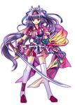  armor capura_lin japanese_armor long_hair minamoto_no_yoshitsune_(yujie_shenji) purple_eyes purple_hair solo sword thighhighs weapon yujie_shenji 
