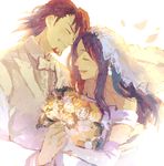  1girl bad_id bad_pixiv_id bouquet bow bowtie bridal_veil brown_hair couple dress earrings elbow_gloves facial_hair flower gloves hetero husband_and_wife jewelry kaburagi_t_kotetsu kaburagi_tomoe long_hair stubble tamaccolo tiger_&amp;_bunny tuxedo veil wedding wedding_dress 