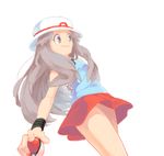  blue_(pokemon) drawr from_below hat holding holding_poke_ball long_hair mimizubare poke_ball pokemon pokemon_(game) pokemon_frlg porkpie_hat skirt solo 