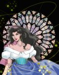  &gt;:) aqua_eyes bare_shoulders black_hair earrings esmeralda_(disney) gypsy hairband jewelry lipstick long_hair looking_at_viewer makeup puchikotei puffy_short_sleeves puffy_sleeves red_lipstick short_sleeves smile stained_glass the_hunchback_of_notre_dame v-shaped_eyebrows 