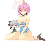  :x animal_ears ankle_cuffs bare_legs blue_leotard blush breasts bunny_ears bunnysuit character_doll cleavage fake_animal_ears hasebe_yuusaku hat high_heels konpaku_youmu large_breasts leotard pink_eyes pink_hair saigyouji_yuyuko shoes short_hair simple_background sitting solo touhou wariza white_background 