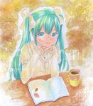  aqua_eyes aqua_hair bespectacled blush book cup glasses hair_ribbon hatsune_miku long_hair looking_at_viewer mayo_riyo open_book ribbon sample smile solo traditional_media twintails very_long_hair vocaloid watermark 