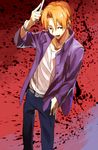  black_eyes doraiga-rei fate/zero fate_(series) jacket male_focus orange_hair purple_jacket scalpel solo uryuu_ryuunosuke 
