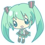  :d aqua_eyes aqua_hair chibi detached_sleeves hatsune_miku long_hair mirai_(sugar) musical_note necktie open_mouth outline simple_background skirt smile solo symbol-shaped_pupils twintails very_long_hair vocaloid white_background 