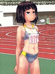  blush bodypaint brown_eyes brown_hair buruma exhibitionism flat_chest full-face_blush naked_paint navel nipple_piercing nipples nude original painted_clothes piercing raplus safety_pin short_hair solo sports_bra sweat track 