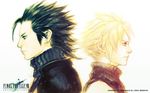  back-to-back black_hair blonde_hair blue_eyes cloud_strife copyright_name final_fantasy final_fantasy_vii j_(onose1213) logo multiple_boys sleeveless sleeveless_turtleneck turtleneck zack_fair 