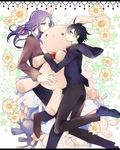  berserker_(fate/zero) black_hair blue_eyes fate/zero fate_(series) flower highres lancelot_(fate/zero) long_hair male_focus multiple_boys purple_eyes purple_hair stuffed_animal stuffed_bunny stuffed_toy udon_(improvisation) 